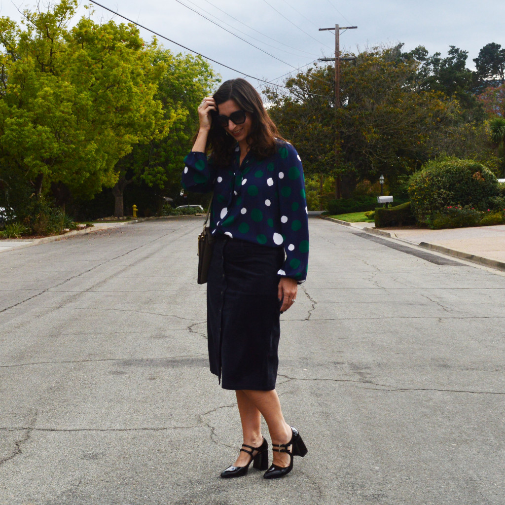 Suede a-line skirt and polka dots for fall – Bay Area Fashionista
