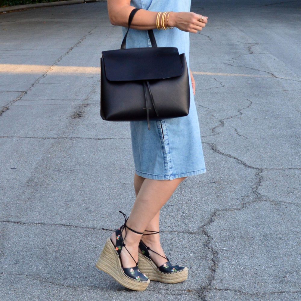 lady bag and denim dress