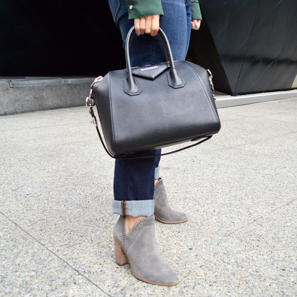 givenchy antigona san francisco street style fall suede booties