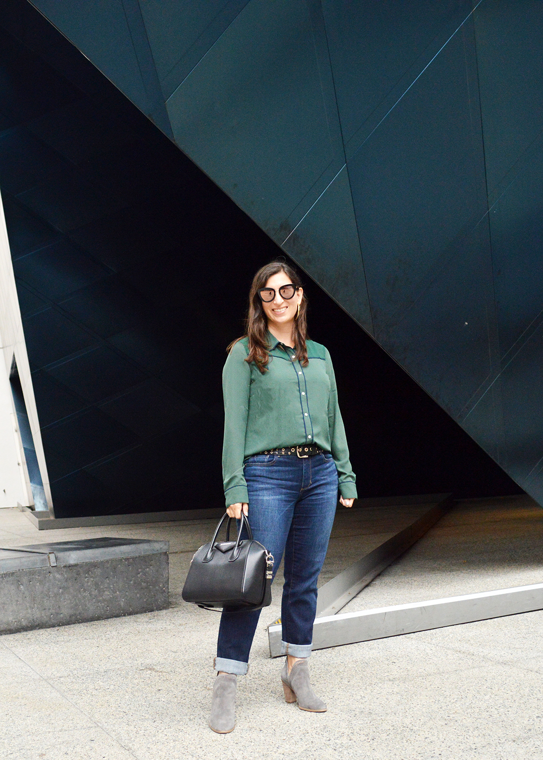 green shirt dark rinse jeans street style san francisco fashion blogger givenchy antigona suede booties